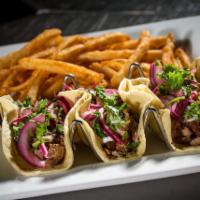 Smoked Chicken Tacos · 3 tacos per order. House smoked chicken thighs served with chipotle salsa, pickled red onion...