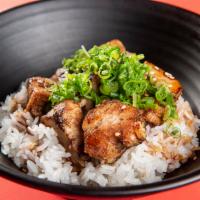 Pork Chashu Bowl · Steamed Rice Topped with Braised Pork, Teriyaki Sauce, Negi, and Sesame Seeds.