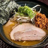 Spicy Ramen · Toppings: 1 Piece Chashu, Negi, Moyashi, Nori, and Spicy Meat.