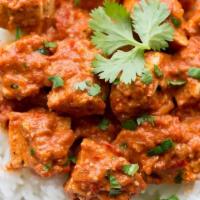 Chicken Tikka masala  · Masala curry made with bell peppers, onion, and tomatoes with pieces of cottage cheese.