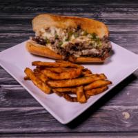 Philly Cheese Steak Sandwich · Thinly sliced sirloin or marinated chicken sauteed with bell peppers, onions and covered wit...