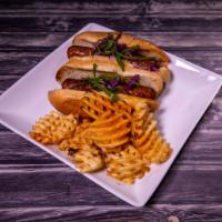 1 Grilled Bratwurst · Grilled and served on toasted stadium style buns with a choice of side.