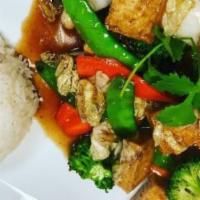 Buddha Delight · Mixed veggies and tofu sauteed in a ginger soy sauce served with steam rice.