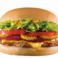 Hungr-Buster® with Cheese · 1/4 lb grilled beef patty topped with crisp lettuce, ripe tomatoes, onions, tango pickles, a...