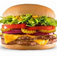 BeltBuster® with Cheese · Two 1/4 lb patties and double cheese, mustard, lettuce, tomatoes, pickles, and onions.