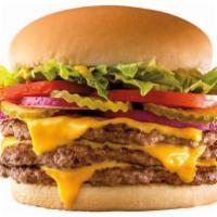 Triple-Buster® with Cheese · Three 1/4 lb patties and triple cheese, mustard, lettuce, tomatoes, pickle, and onions.