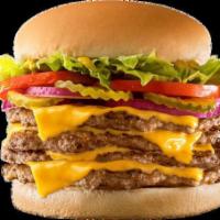 Quad-Buster® W/Cheese · Four 1/4 lb patties with four slices of American cheese, mustard, lettuce, tomatoes, pickles...