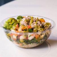 Toona Protein Salad Bowl · Romaine, Carrots, Cucumber, Cherry Tomatoes, Avocado, Toona, Sunflower Seeds, Cashew Ranch D...