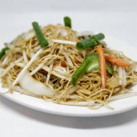 AC12. Sauteed Soy Sauce Noodle · Thin egg noodle sauteed with Chinese mushrooms, chives, strips of vegetable and bean sprout ...