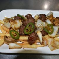 A10. Steak Bites · Served with french fries stir fry beef cubes, mushroom, onion & jalapenos.