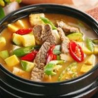 Den Jang Jjigae Soup · Soybean paste stew with vegetables and tofu.