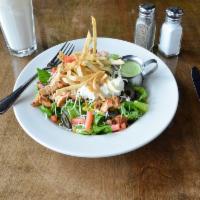 Santa fe Chicken Salad All Day · Lettuce, tomatoes, sweet corn, black beans, crispy tortilla strips, and jack cheese topped w...