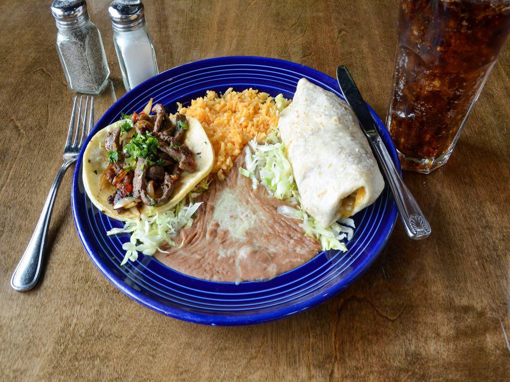 6. Burrito de Pollo y Taco de Carne Asada Combination Plate All Day · Marinated grilled chicken with lettuce and pico de gallo, creamy cheese, and chipotle sauce wrapped in a flour tortilla and grilled sirloin with onions, tomatoes, and cilantro in a soft corn tortilla.