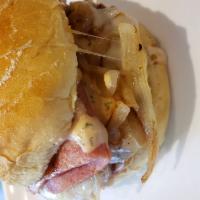 Cordon Bleu'd Sandwich · Your choice of beef burger, turkey burger or grilled chicken, ham Swiss cheese, fried onions...