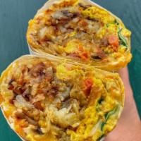 Veggie Breakfast Burrito · Include 3 eggs, bell peppers, onions, tomatoes, mushrooms, spinach, hash browns, cheese & sa...
