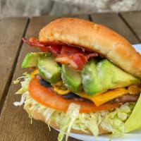 Bacon Avocado Cheeseburger · Fan Favorite!!!  Dressed with 1000 Island, lettuce, onions, tomato, and pickle on a  sesame ...