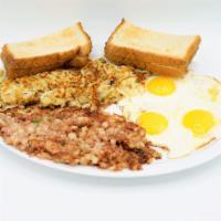 Corn Beef Hash & Eggs · Served with 3 eggs, hashbrowns or home fries, toast and jelly.