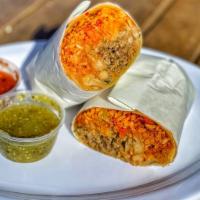Asada Burrito · Includes rice & beans, cheese, onions, cilantro, and salsa.
