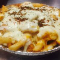 Mega Fingers Fries · Chicken fingers, cheddar and mozzarella cheese, bacon and ranch dressing on the side.