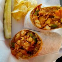 Cajun Chicken Wrap · Green peppers, onions and hot sauce. Served with chips, lettuce and tomatoes.