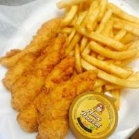 5 Pieces Chicken Fingers Platter · Served with french fries, macaroni salad, garden salad, garlic bread, and choice of sauce.