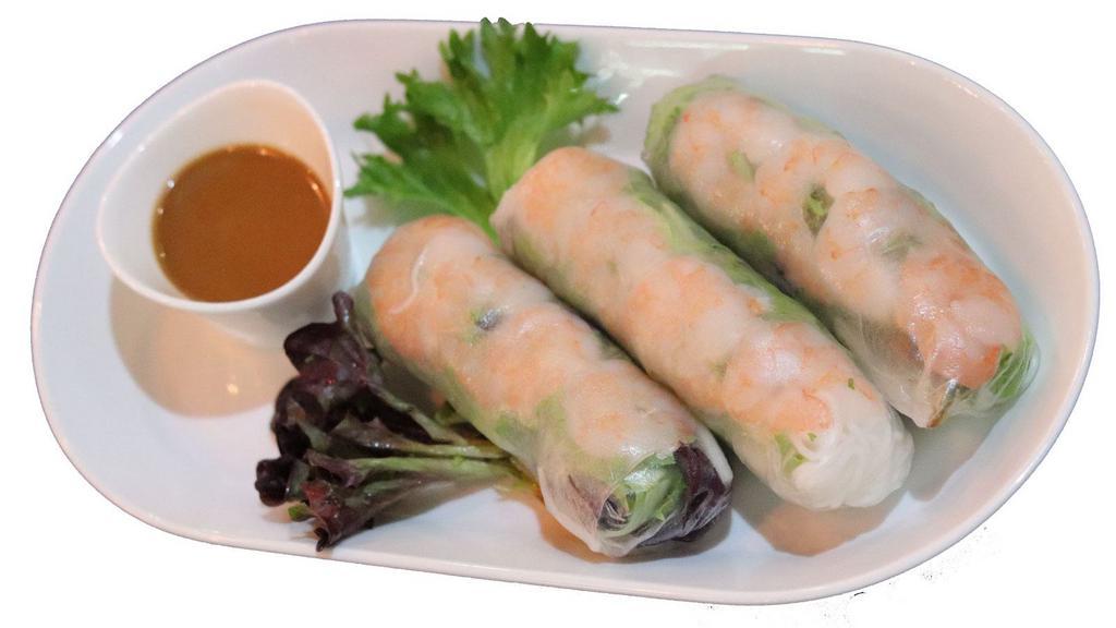 3 Piece Spring Rolls (shrimp) · Spring rolls are filled with shrimps, fresh herbs, lettuce and light rice noodles. They’re super delicious and even more wonderful if you dip the spring rolls in peanut sauce