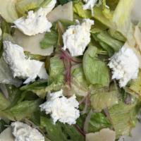 AP House Salad · Iceberg, aged provolone, mozz, pepperoncini, Castelvetrano olives, red onion, and Italian vi...