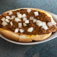 Coney Sandwich · Topped with national chili and onions.