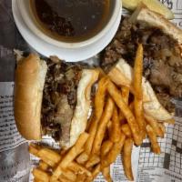 French Dip Sandwich · Comes with mozzarella on grilled sub bun (sauteed mushrooms and onions).