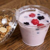 Mixed Berry Parfait · Mixed berry yogurt, house made granola. Contains nuts.