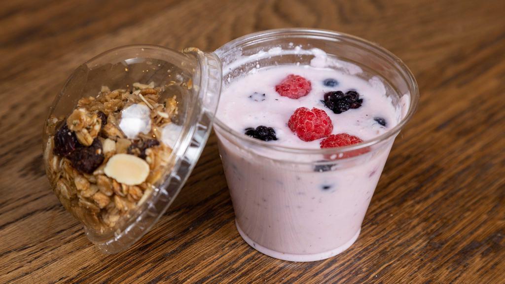 Mixed Berry Parfait · Mixed berry yogurt, house made granola. Contains nuts.
