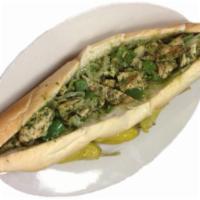 Chicken Pesto Sandwich · Grilled tender chicken, sauteed mushrooms, green peppers, onions and homemade pesto sauce to...