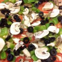 Vegetarian Pizza · Green peppers, mushrooms, olives, onions and Roma tomatoes.