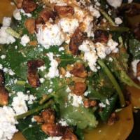 Wood Fired Beet Salad · Baby kale, golden beets, goat cheese, candied walnuts, balsamic vinaigrette