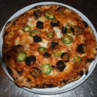 Meatball Pizza · Marinara sauce, Cherry Peppers, mozzarella cheese, grana and basil.