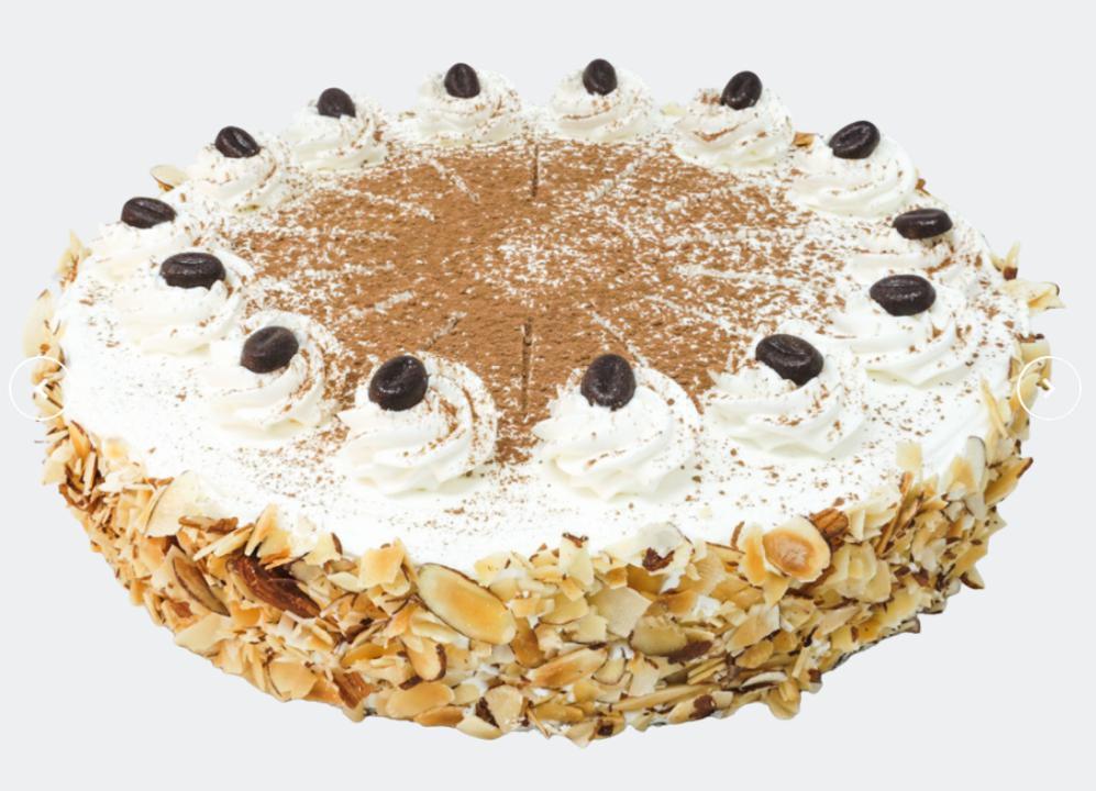 Tiramisu Torte · Ladyfinger sponge cake layered w/ espresso buttercream & topped w/ whipped cream frosting.  Served w/ chocolate anglaise