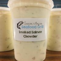 Smoked Salmon Chowder Cold Quart · Our own Applewood smoked salmon in a traditional New England cream style chowder with onions...