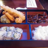 Beef Teriyaki Bento Box · With soup, salad, rice, a California roll, shumai and tempura.