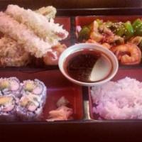Shrimp Teriyaki Bento Box · With soup, salad, rice, a California roll, shumai and tempura.