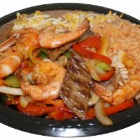 1. Steak and Shrimp Combination Plate · Served with rice and beans.