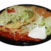 4. Tostada and Enchilada  Combination Plate · Served with rice and beans.