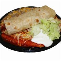 6. Shredded Beef Burrito and Enchilada Combination Plate · Served with rice and beans.