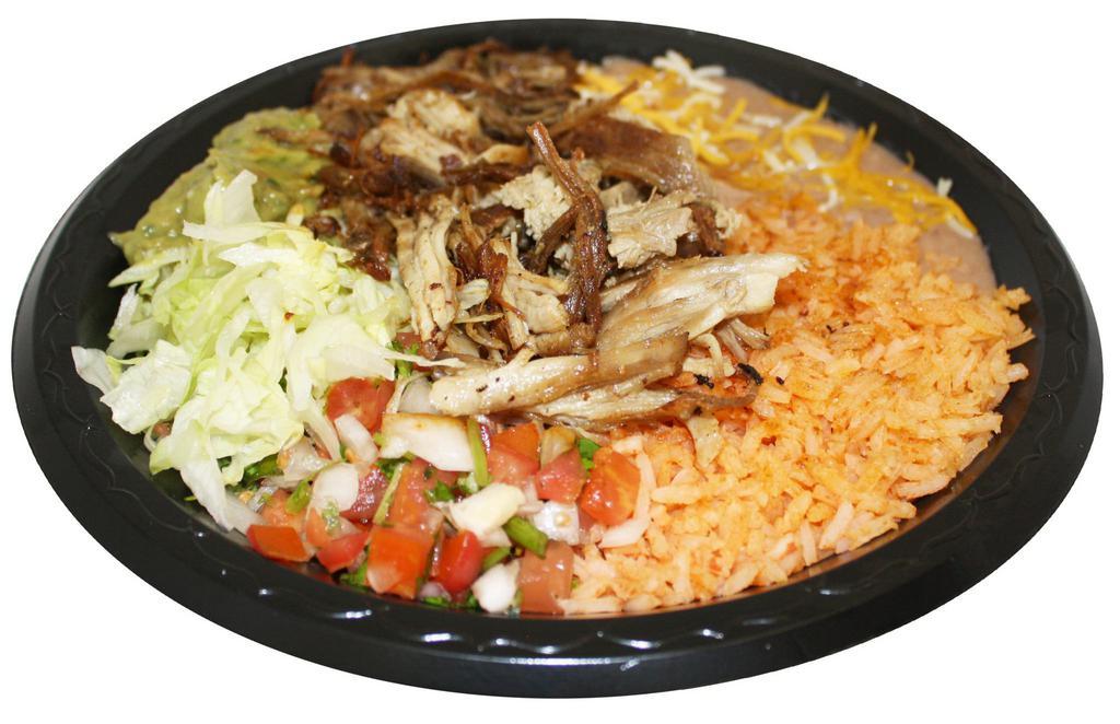 13. Carnitas Combination Plate · Served with rice and beans.