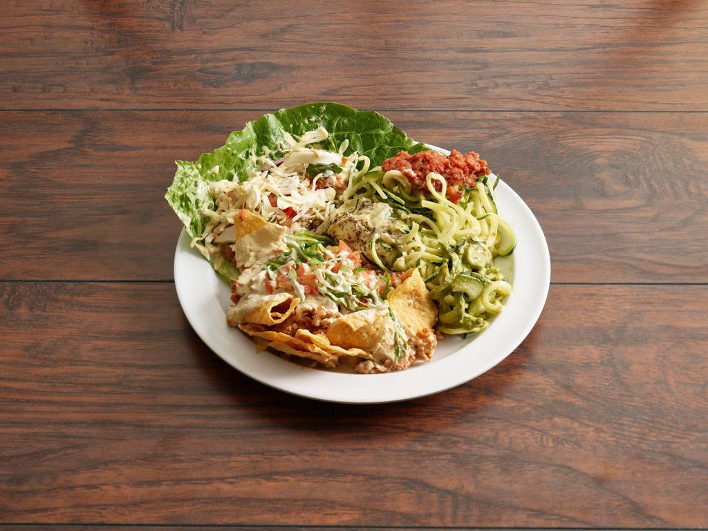 Sampler Platter 1 · Zucchini pasta trio nacho grande and chicken salad lettuce wrap.