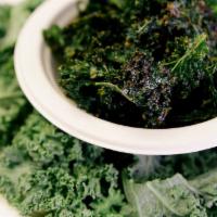 Kale Chips · Seasoned dehydrated kale. Gluten free. Soy free.