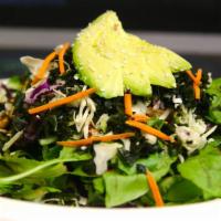 Asian Salad · Mixed field greens, marinated mushrooms, sliced avocado, shredded cabbage, fresh herbs, verm...