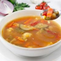 Minestrone Soup · Our minestrone is made according to sicilian tradition: lots of fresh vegetables simmering h...
