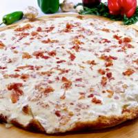 Bacon Alfredo Pizza Slice · Thin crust with fresh mozzarella, alfredo sauce and bacon