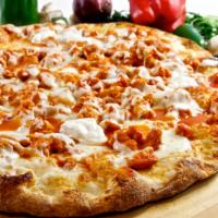 Buffalo Chicken Pan Pizza · Pizza comes with chicken, buffalo sauce, blue cheese and mozzarella