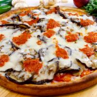 Eggplant Pan Pizza Slice · Pizza comes with grilled eggplant, tomato sauce, mozzarella and basil chiffonade